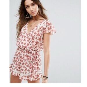 Floral V-Neck lace trim wrap Romper tularosa
